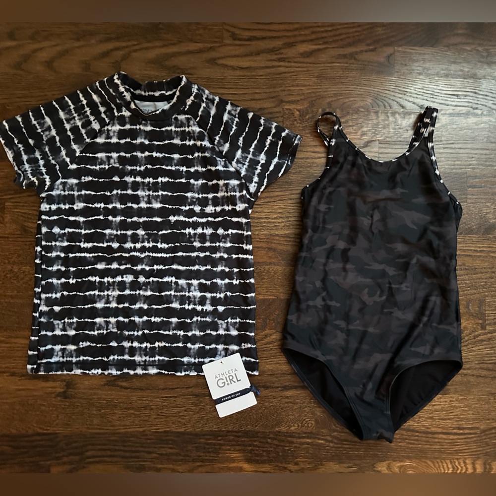Athleta Girl Black and White Tie-Dye/Camo 1-piece Swimsuit Set SIZE XL (14)